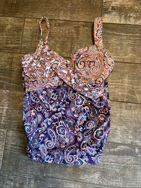 Lands' End Paisley Tankini Top - Purple, Pink, Cream